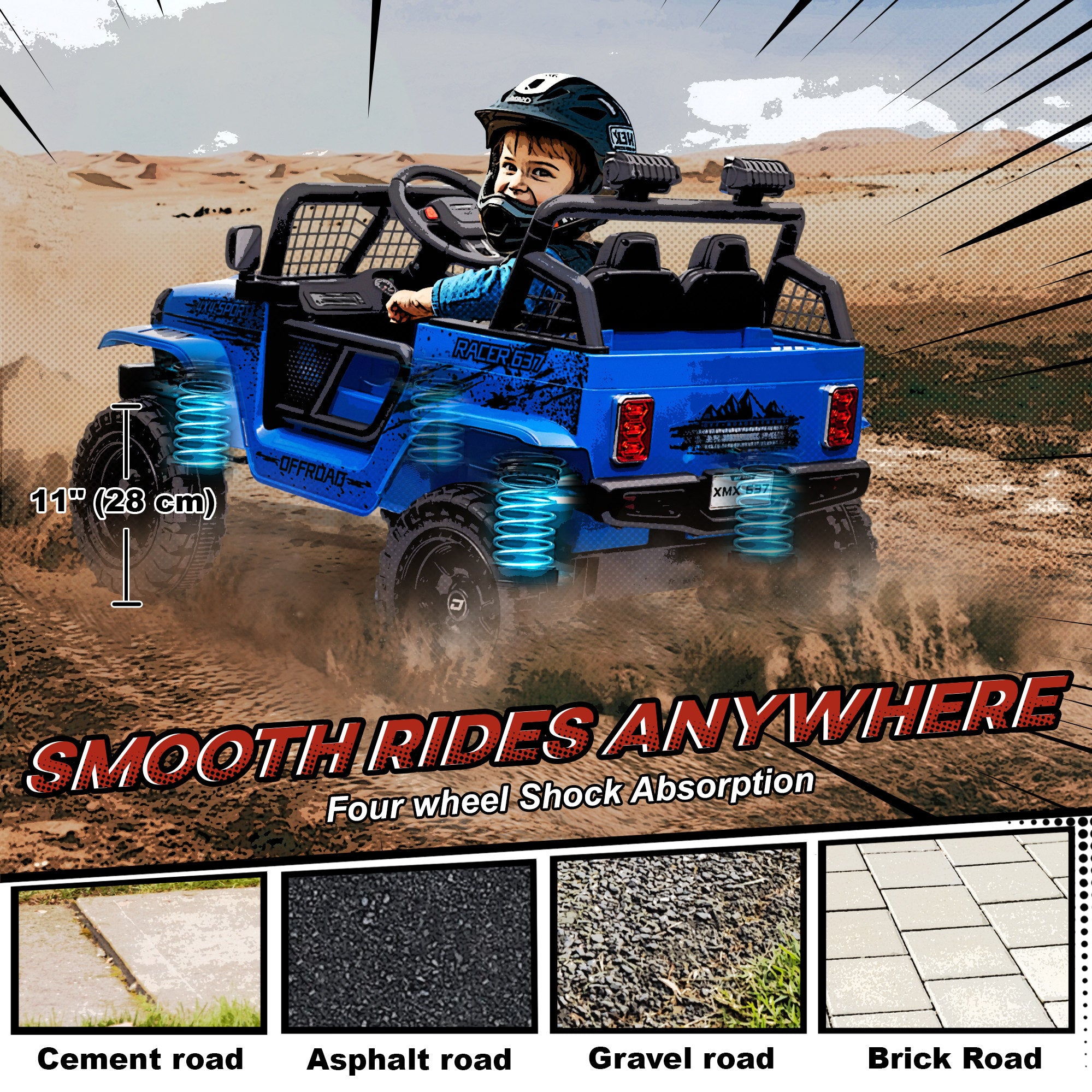 12V Battery Powered Kids Ride-On Car, Electric Truck w/ Spring Suspension, Remote, Music, Horn, Lights