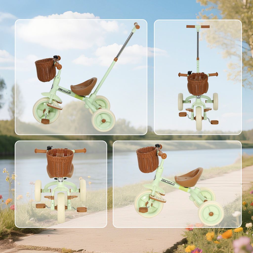 2-In-1 Toddler Trike for 2-5 Years Old, 3 Wheel Bike with Adjustable Parent Handle, Basket for Boys and Girls, Green