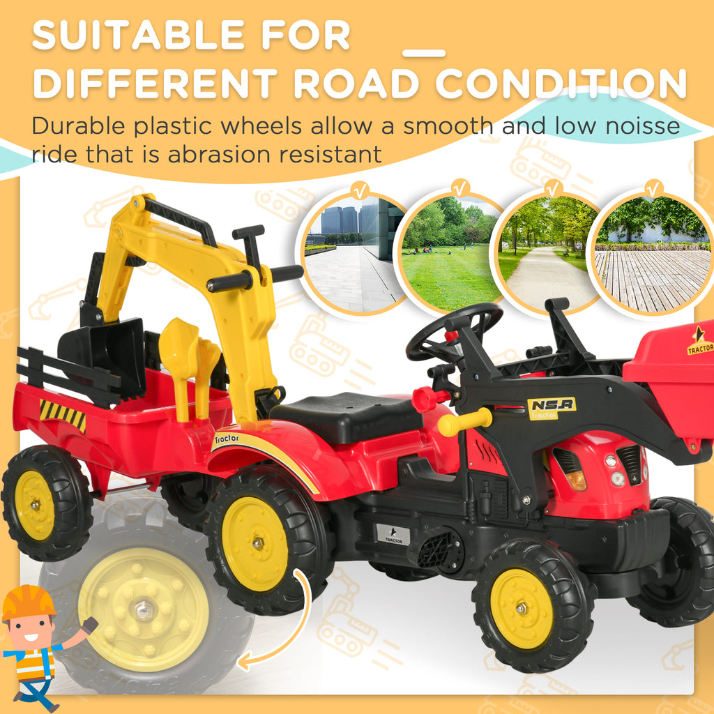Kids Children Pedal Go Kart Ride On Toy Car Excavator Tractor w/ Moving Bucket Steering Wheel Removable Digger For 3 - 6 Years