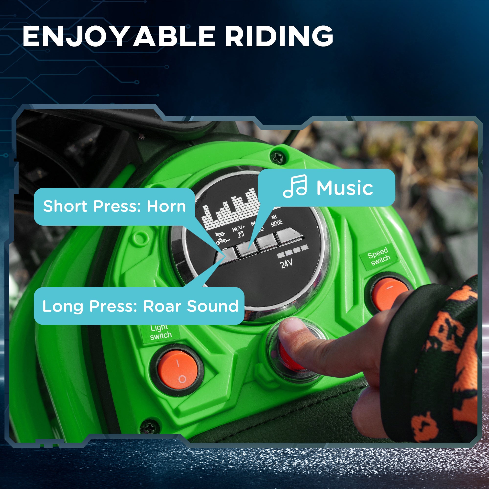 24V Electric Motorbike with Twist Grip Throttle, Music, Horn, 12" Pneumatic Tyres, 16km/h Max Speed