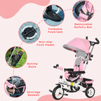 6 in 1 Kids Trike Push Bike w/ Push Handle, Canopy, 5-point Safety Belt, Storage, Footrest, Brake, for 1-5 Years