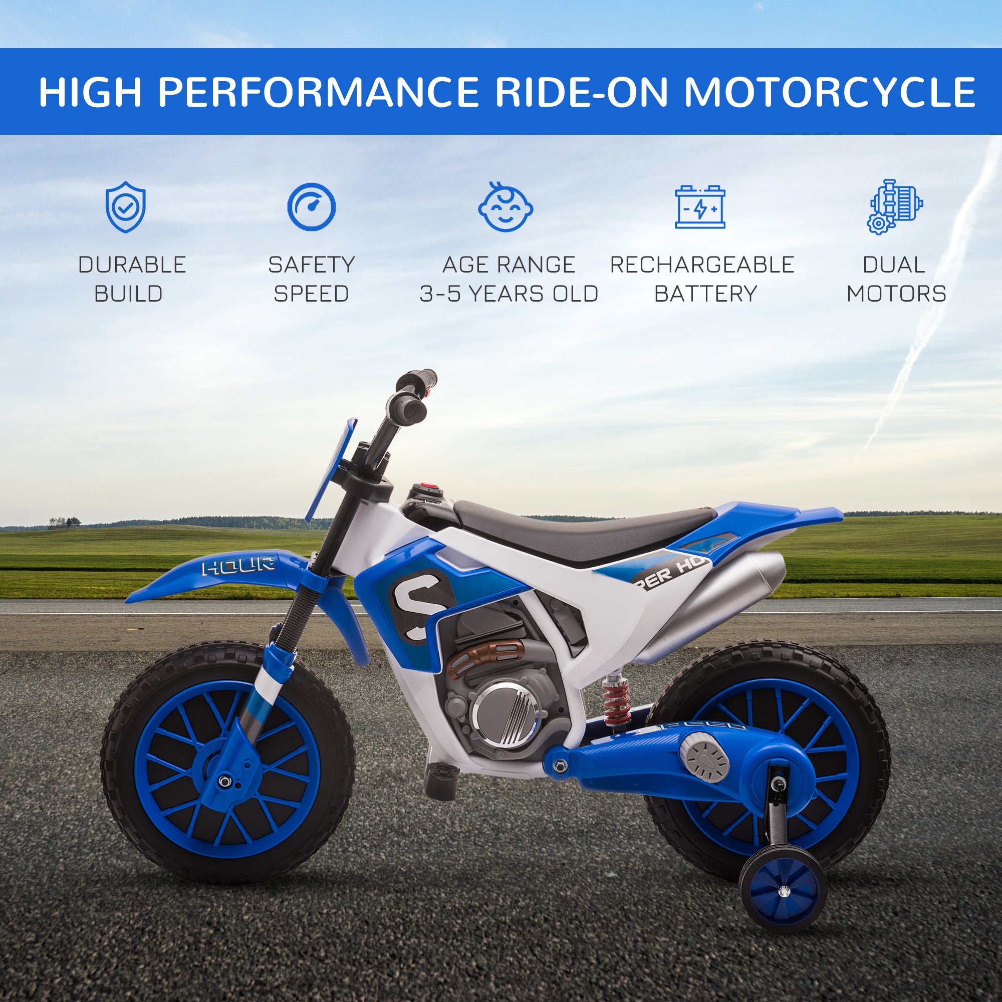 12V Kids Electric Motorcycle Ride-On, with Training Wheels, for Ages 3-6 Years