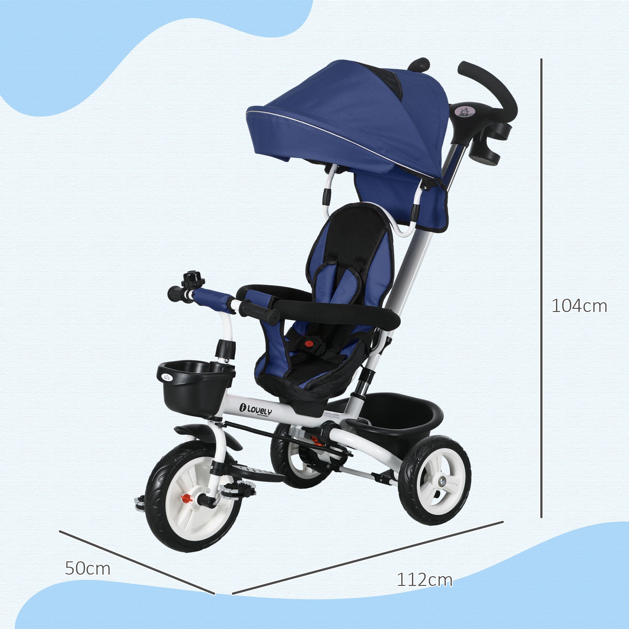 Metal Frame 6 in 1 Baby Push Tricycle with Parent Handle for 1-5 Years Old, Dark