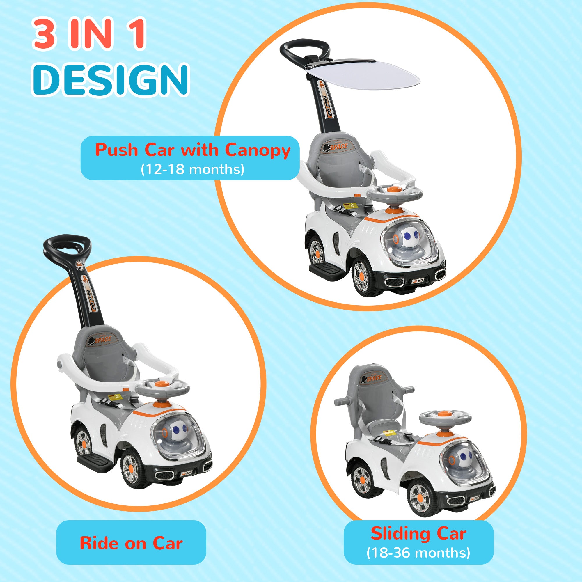 3 in 1 Ride on Push Car, Cartoon Robot Theme Foot to Floor Slider w/ Handle Light Music Horn, Storage