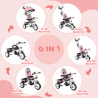 6 in 1 Kids Trike Push Bike w/ Push Handle, Canopy, 5-point Safety Belt, Storage, Footrest, Brake, for 1-5 Years