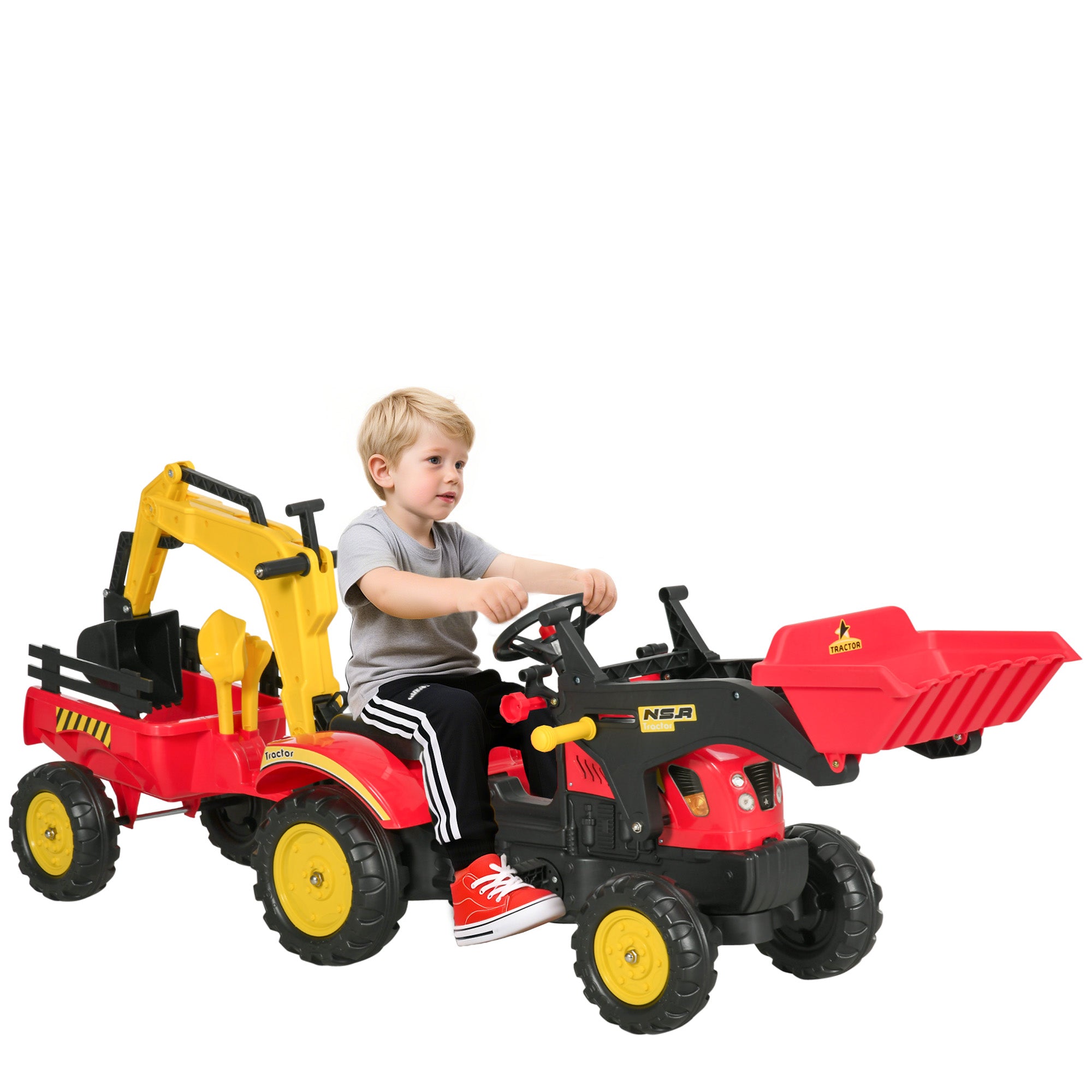 Kids Children Pedal Go Kart Ride On Toy Car Excavator Tractor w/ Moving Bucket Steering Wheel Removable Digger For 3 - 6 Years