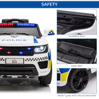 12V Kids Electric Ride On Police Car 2 Motors with Parental Remote Control Siren Flashing Lights USB Portable for 3-6 Years White