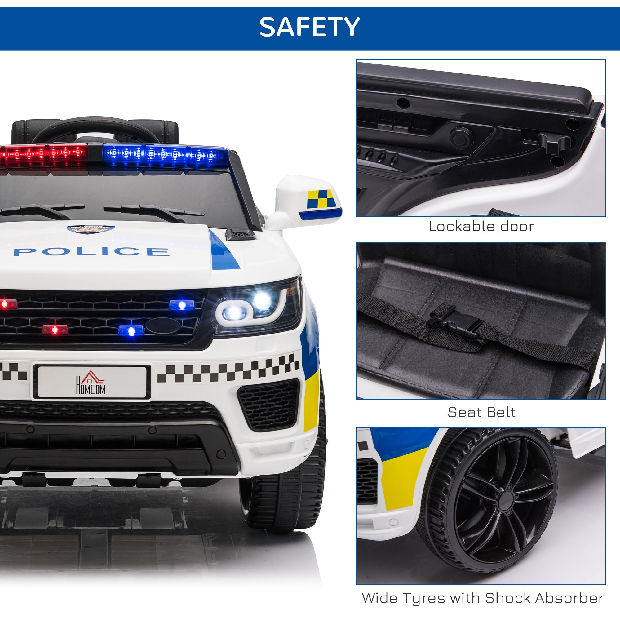 12V Kids Electric Ride On Police Car 2 Motors with Parental Remote Control Siren Flashing Lights USB Portable for 3-6 Years White