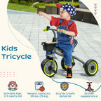 Kids Trike, Tricycle, with Adjustable Seat, Basket, Bell, for Ages 2-5 Years