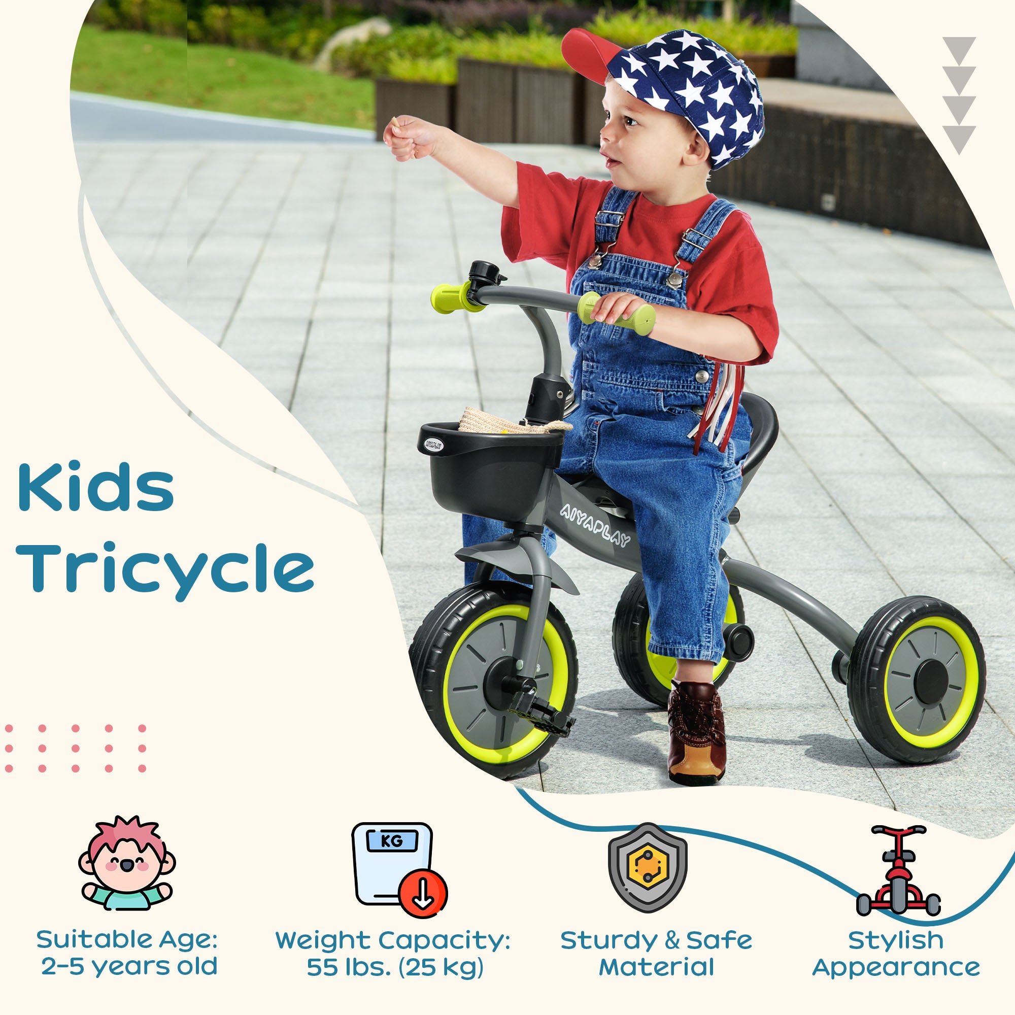 Kids Trike, Tricycle, with Adjustable Seat, Basket, Bell, for Ages 2-5 Years