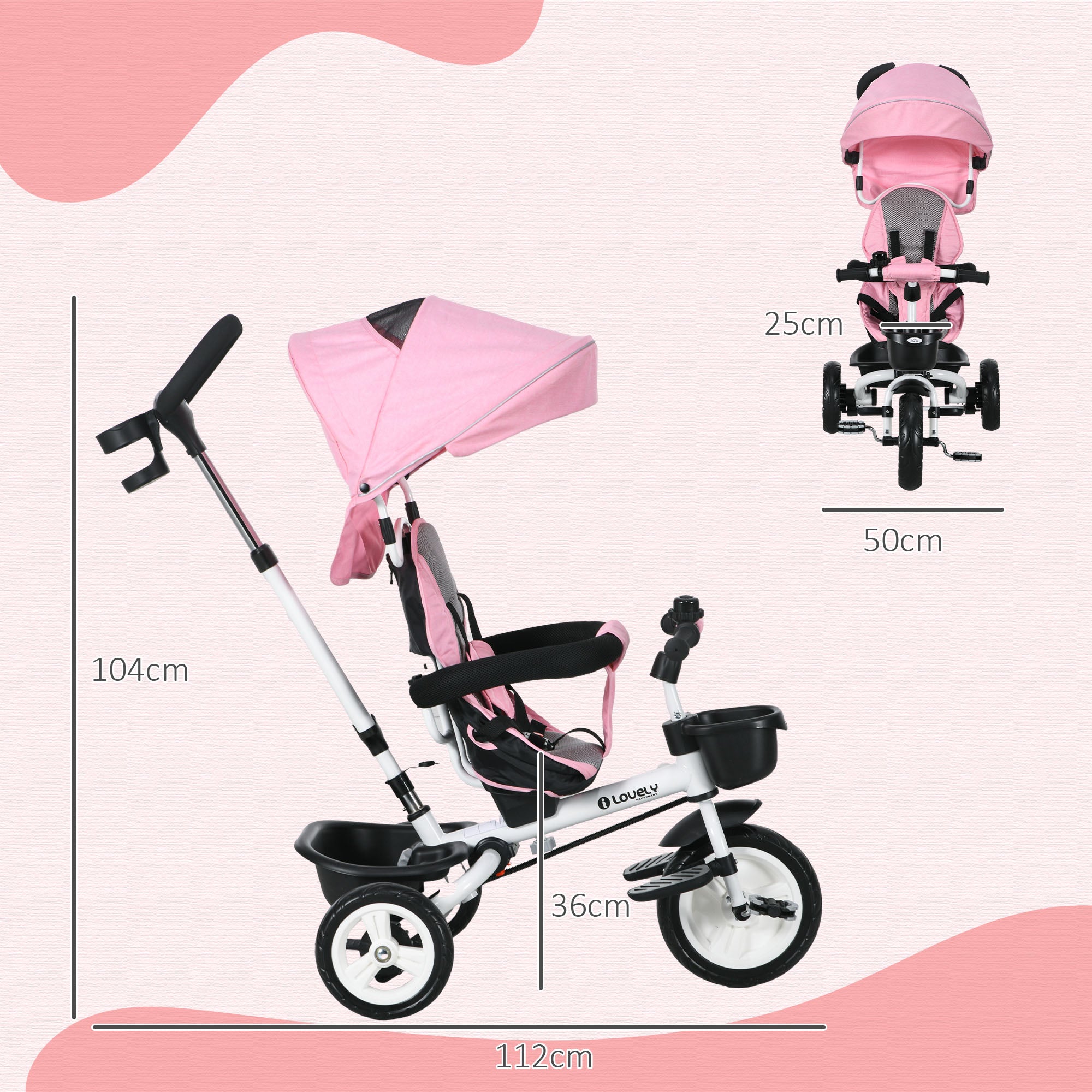 Metal Frame 6 in 1 Baby Push Tricycle with Parent Handle for 1-5 Years Old