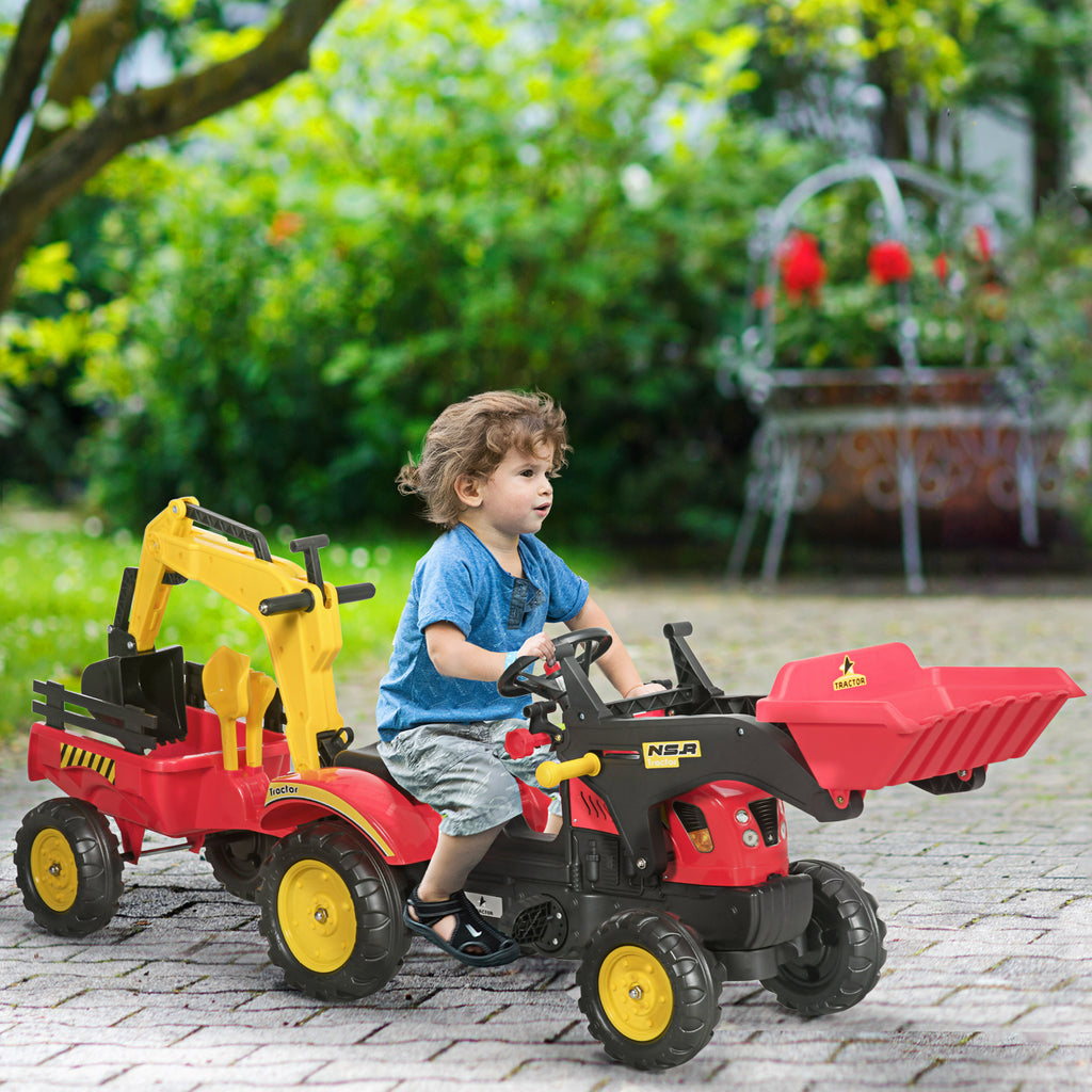 Kids Children Pedal Go Kart Ride On Toy Car Excavator Tractor w/ Moving Bucket Steering Wheel Removable Digger For 3 - 6 Years