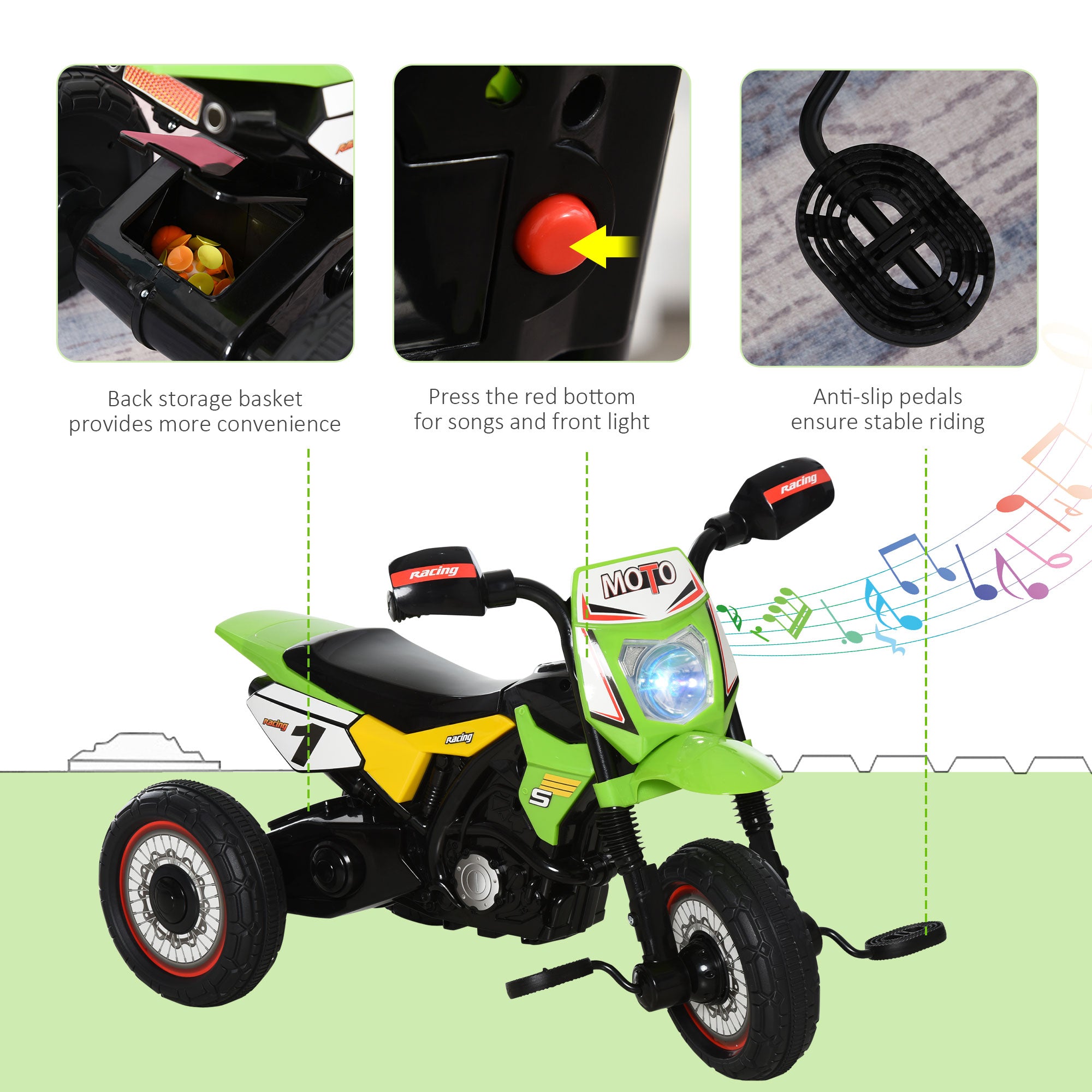 Toddler Pedal Motorcycle Kids Ride On Tricycle Early Learning w/ Music Lights Handlebar Stickers Exercise Boys Girls Gift for Kids 18 - 36 Months