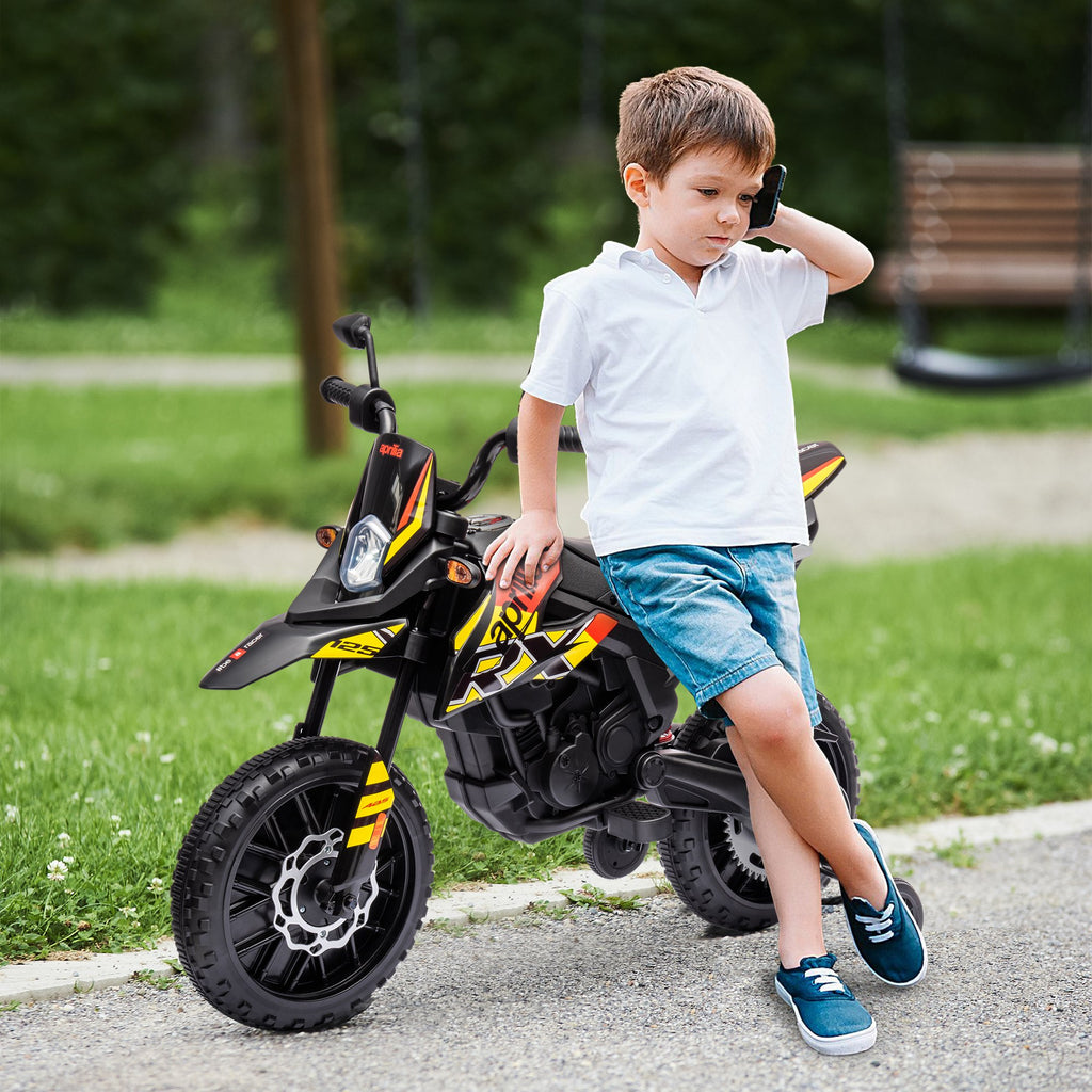 12V Aprilia Licensed Kids Motorbike with Training Wheels, Spring Suspension, LED Headlight, USB, Music