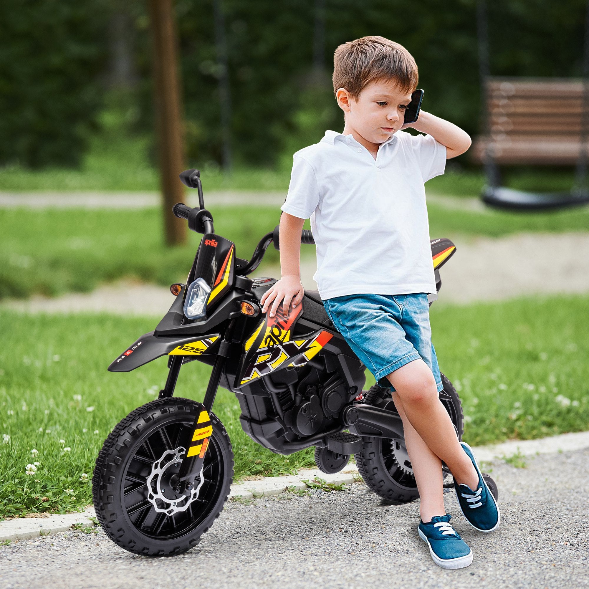 12V Aprilia Licensed Kids Motorbike with Training Wheels, Spring Suspension, LED Headlight, USB, Music