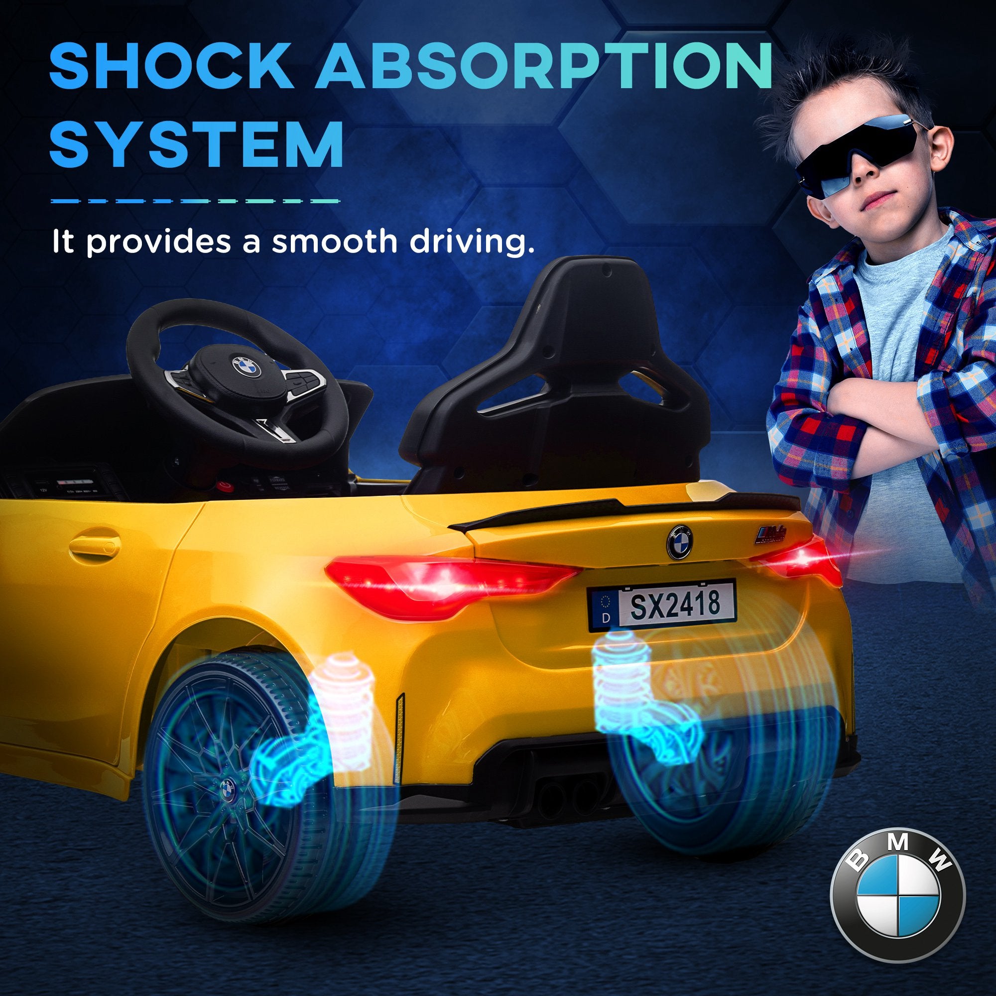 12V BMW M4 Licensed Kids Car with Easy Transport, Remote Control, Suspension, Music, Horn, LED Lights