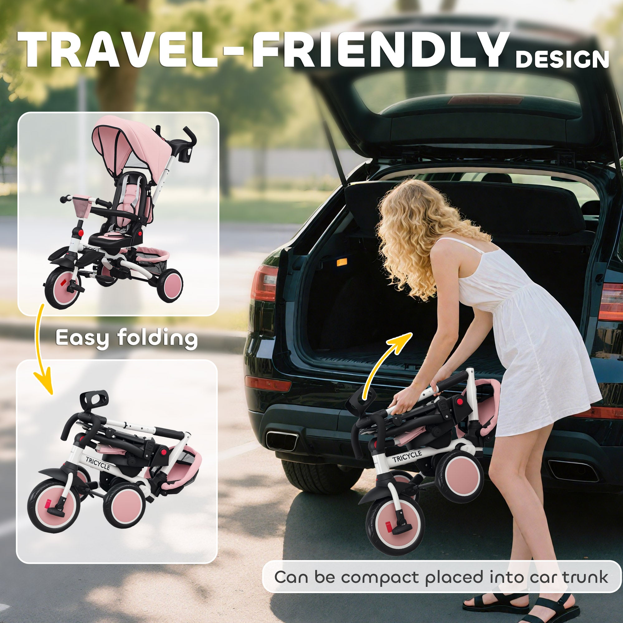 6 in 1 Foldable Kids Trike with Adjustable Parent Handle & Canopy for Ages 1-5, Pink