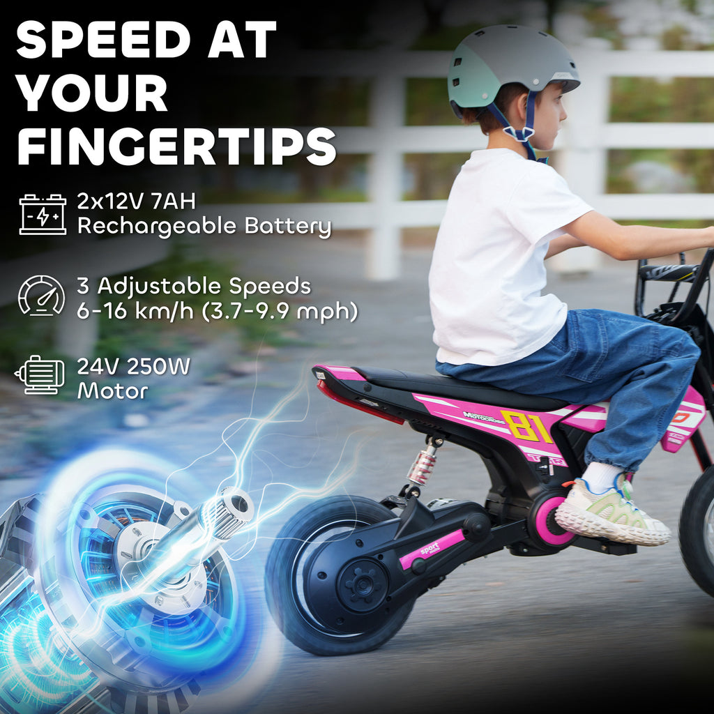Kids Electric Motorbike, 24V Ride On Motorcycle with 3 Speeds and Rear Suspension, Dirt Bike for 8-12 Years Old