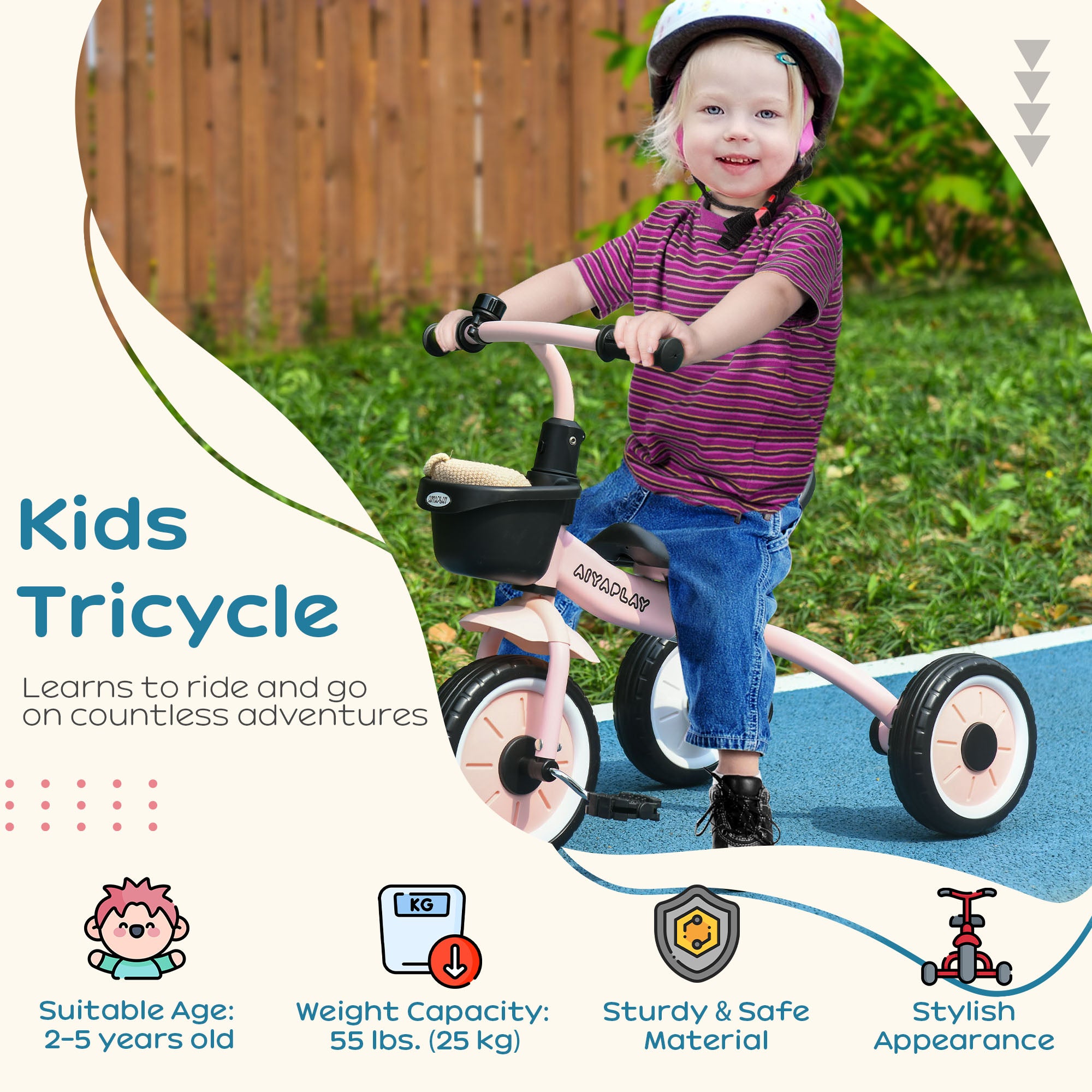 Kids Trike, Tricycle, with Adjustable Seat, Basket, Bell, for Ages 2-5 Years