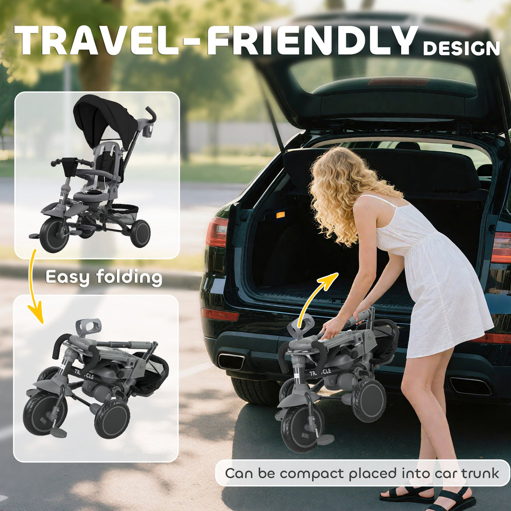 6 in 1 Foldable Kids Trike with Adjustable Parent Handle & Canopy for Ages 1-5, Black